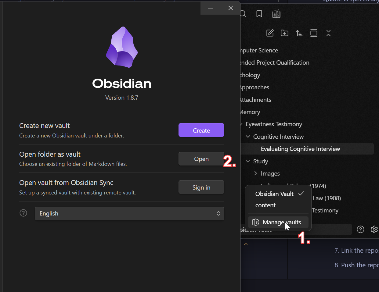 Steps to open the folder as an Obsidian Vault.