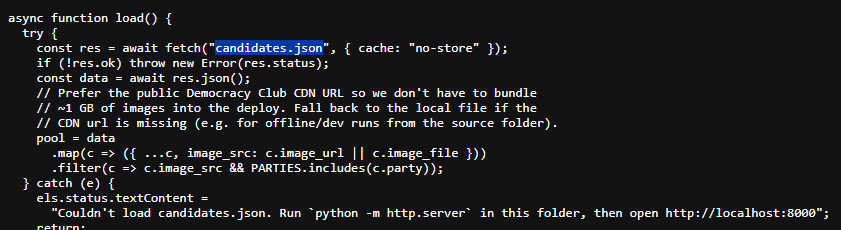 A snippet from game.js showing how candidates.json is sourced.